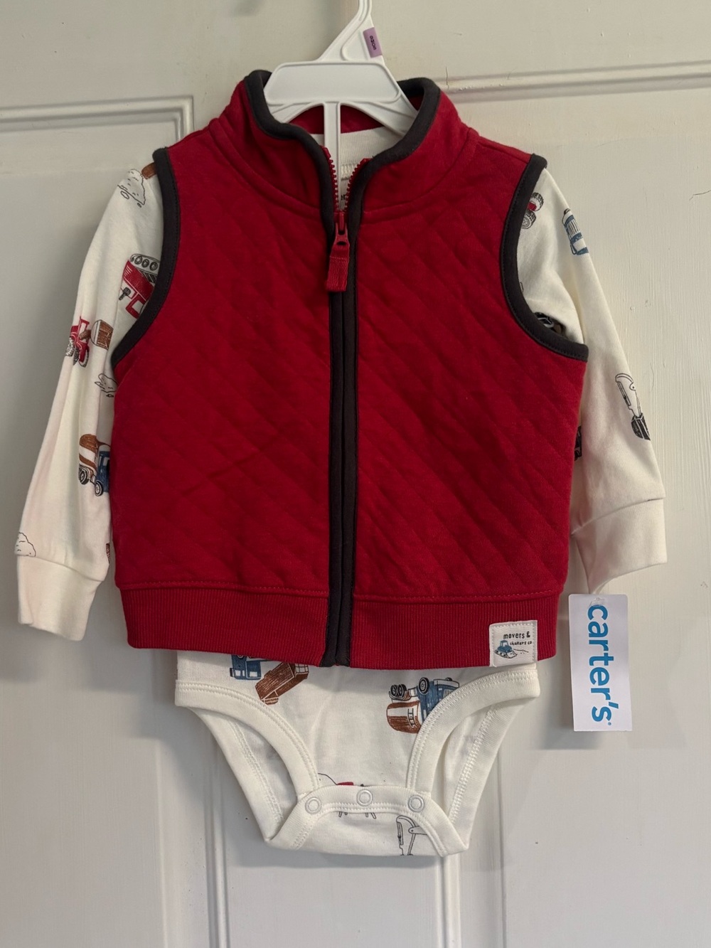 NWT 9M Carter's Red quilted vest/Cream long sleeve construction bodysuit.  RT 32